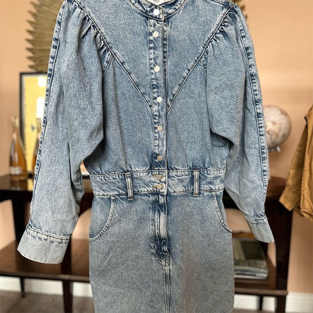 MNG Denim Women's Blue Jean Dress Puff Sleeves Size 4 Casual Knee Length
